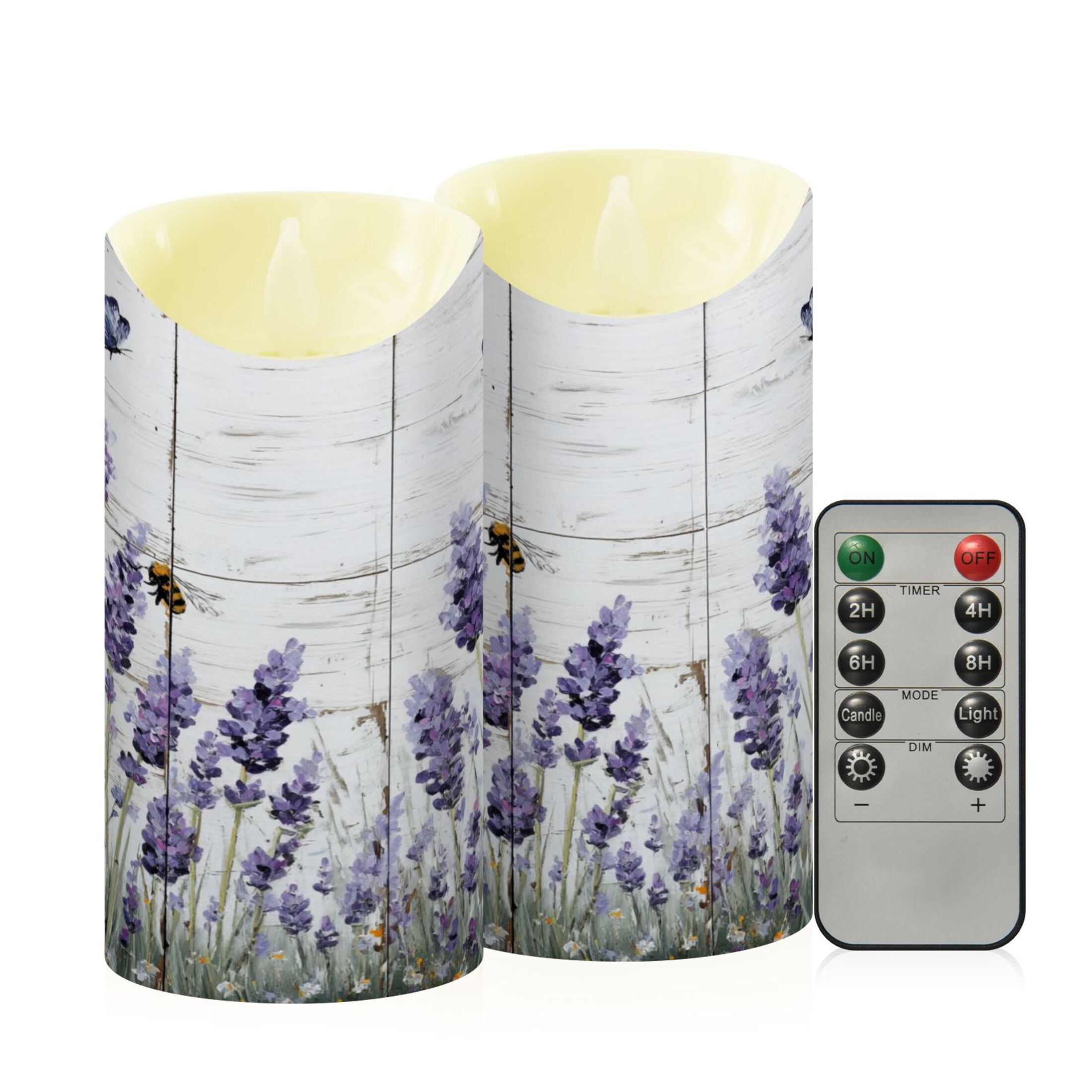 2 PCS Tilted Flameless Candles Flickering LED Lights Battery Operated Candles with Remote Timers for Holiday Decor Lavender and Bees