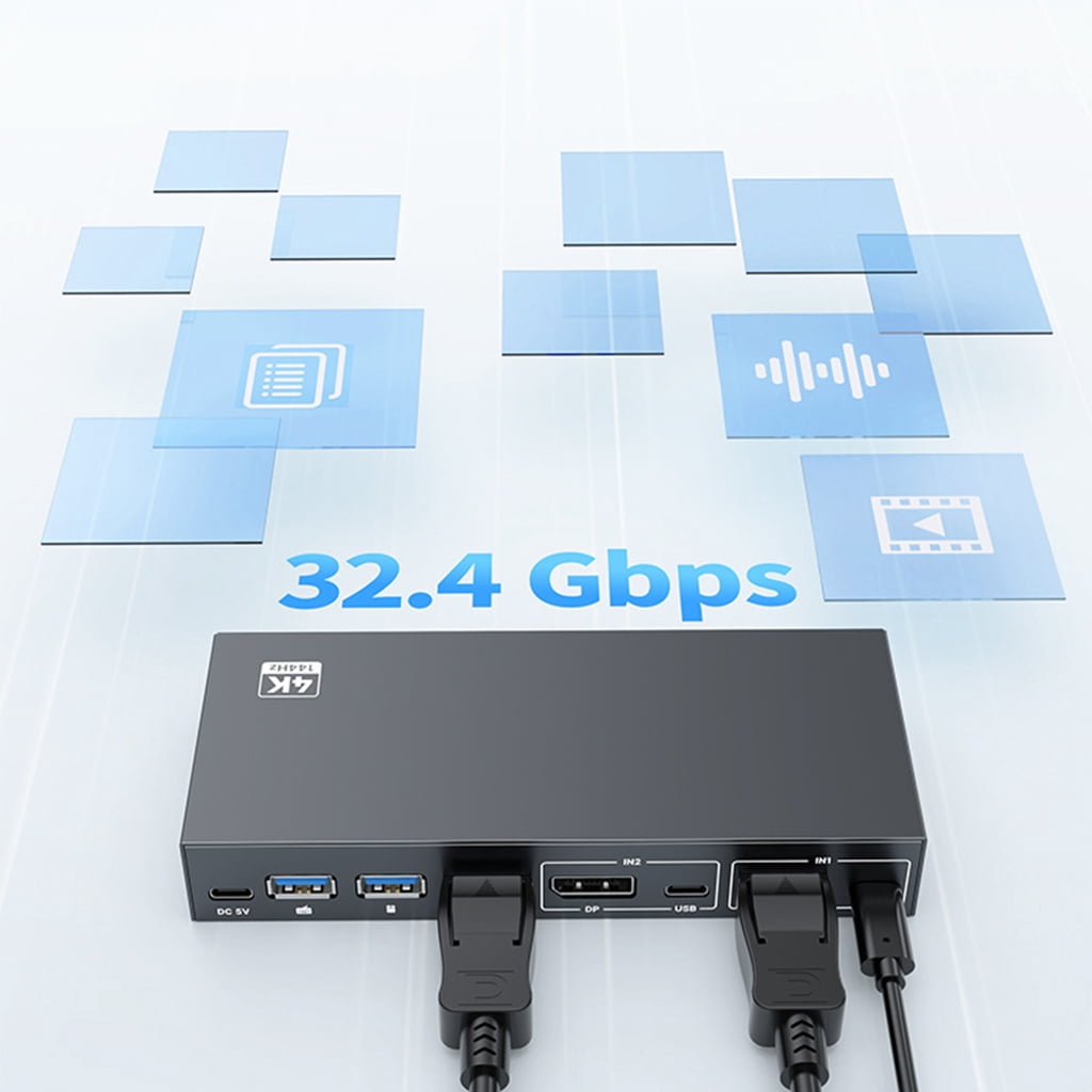 DisplayPort KVM 2 In 1 Out Switcher USB Selector for PC Share Monitors Mouse