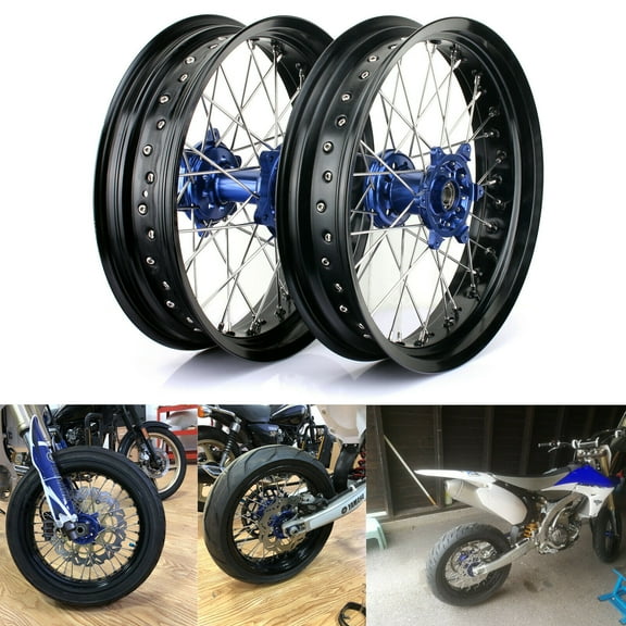 17" Supermoto Front Rear Wheels Rims Blue Hubs for Yamaha YZ 125 250 YZ125 YZ250 1992-2006