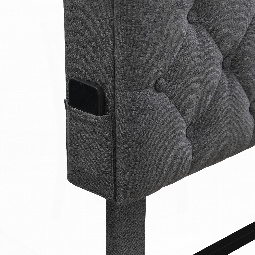 Dark Grey Queen-Size Upholstered Platform Bed Frame Having a Button-Tufted Linen Fabric Headboard, Two Storage Compartments & Built-in Charging Station (No Box Spring)