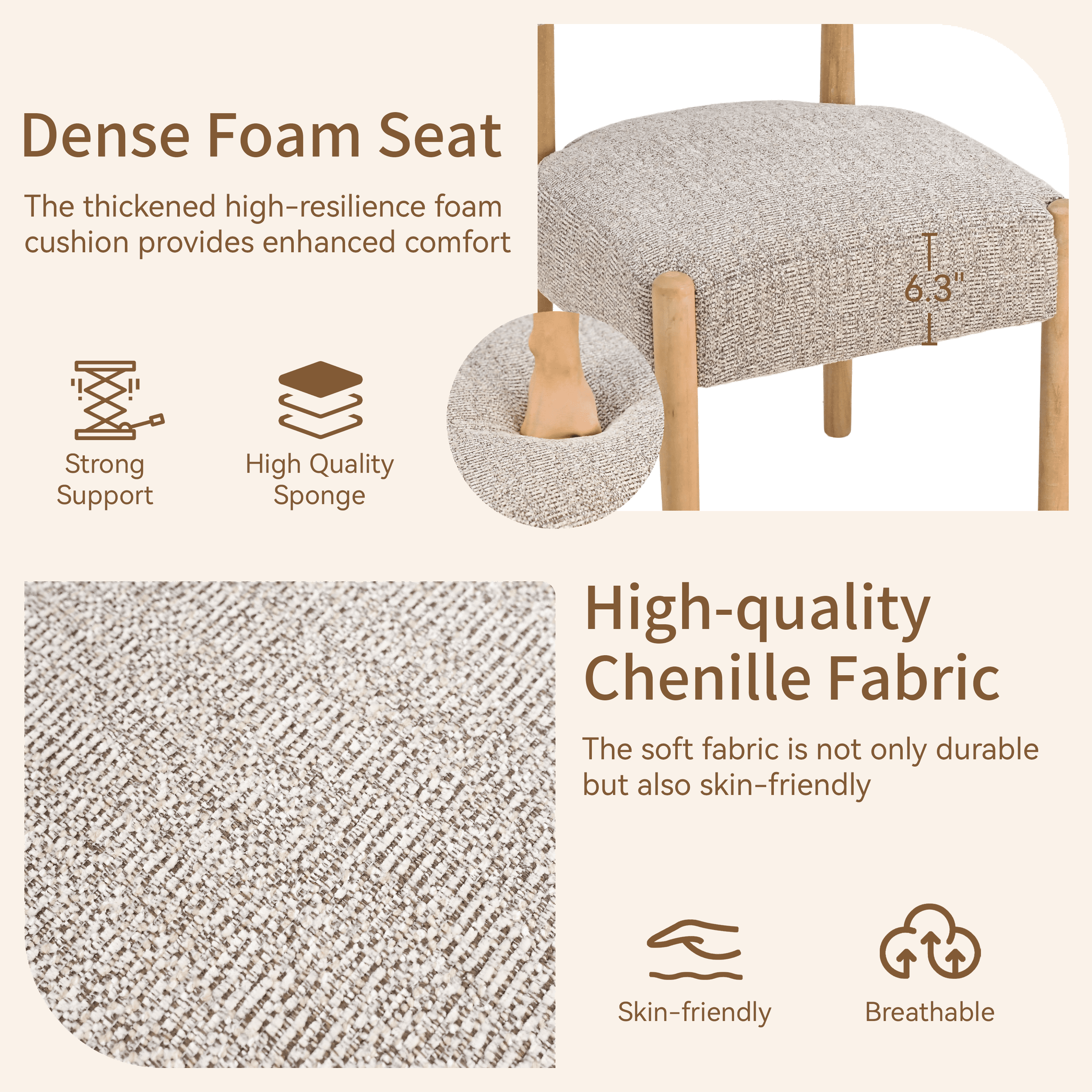 Vknow Furniture Minimalist Fabric Dining Chairs Set of 2 Solid Wood Legs Ergonomic Backrest for Dining Room Bedroom Study, Brown
