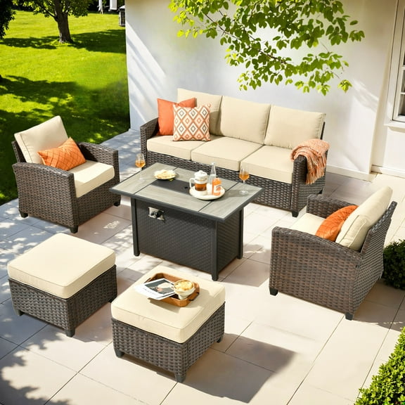 Ovios 6 Pieces Patio Furniture Set All-Weather Outdoor Sectional Patio Sofa Wicker Rattan Conversation Set with 42" Gas Propane Fire Pit Table for Backyard