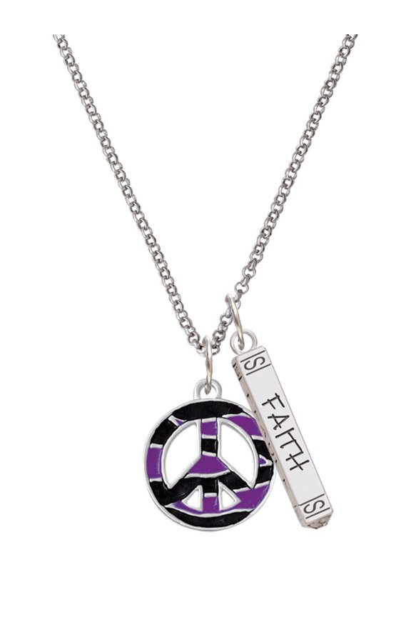 Silvertone Large Purple Tiger Print Peace Sign Silvertone Believe Faith Prayer Hope Bar Charm Necklace, 23"