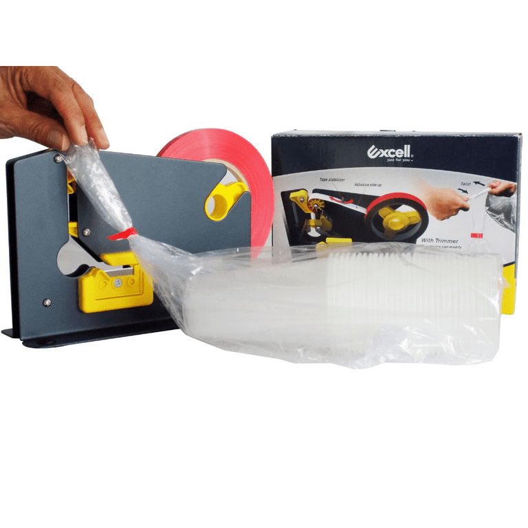 Bag neck sealer tape dispenser. Plastic bag sealer with 8 adhesive