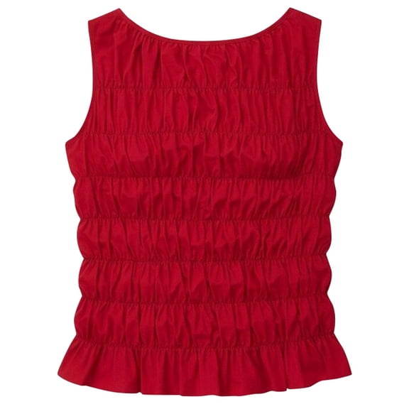 Alun Women's Sleeveless Frill Smocked Ruffle Crop Tank Tops Spring and Summer Crewneck Shirred Tank Top Stretch Fit Cute Camisole Red XL