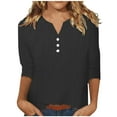 thumbnail image 2 of Otntypg Trendy 3/4 Sleeve Linen Shirts for Women Dressy Casual Button V Neck Solid Color Basic Tunic Tee Blouse Loose Oversized Soft Cotton Pullover Tops Black S, 2 of 10