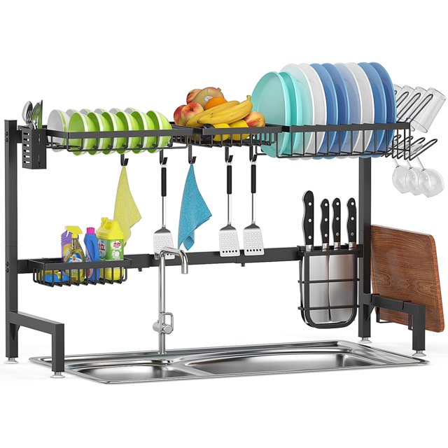 Over Sink Dish Drying Rack Stainless Steel Dish Drainer with Utensil Holder Adjustable Length (..in) Large Dish Rack for Storage Kitchen Counter
