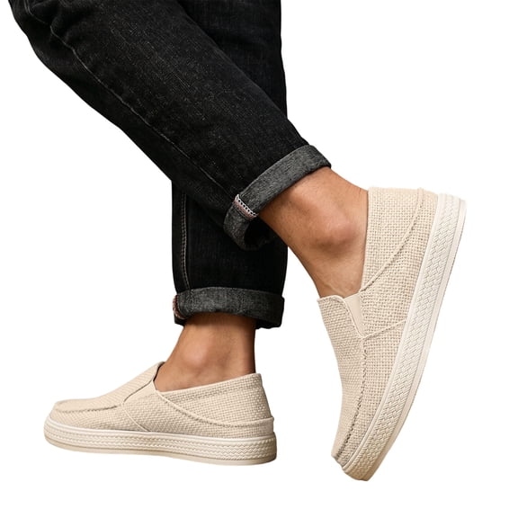 Shrysg Men's Canvas Slip-On Casual Shoes Breathable Woven Fabric Flat Cushioned Shoes for Daily Wear Beige