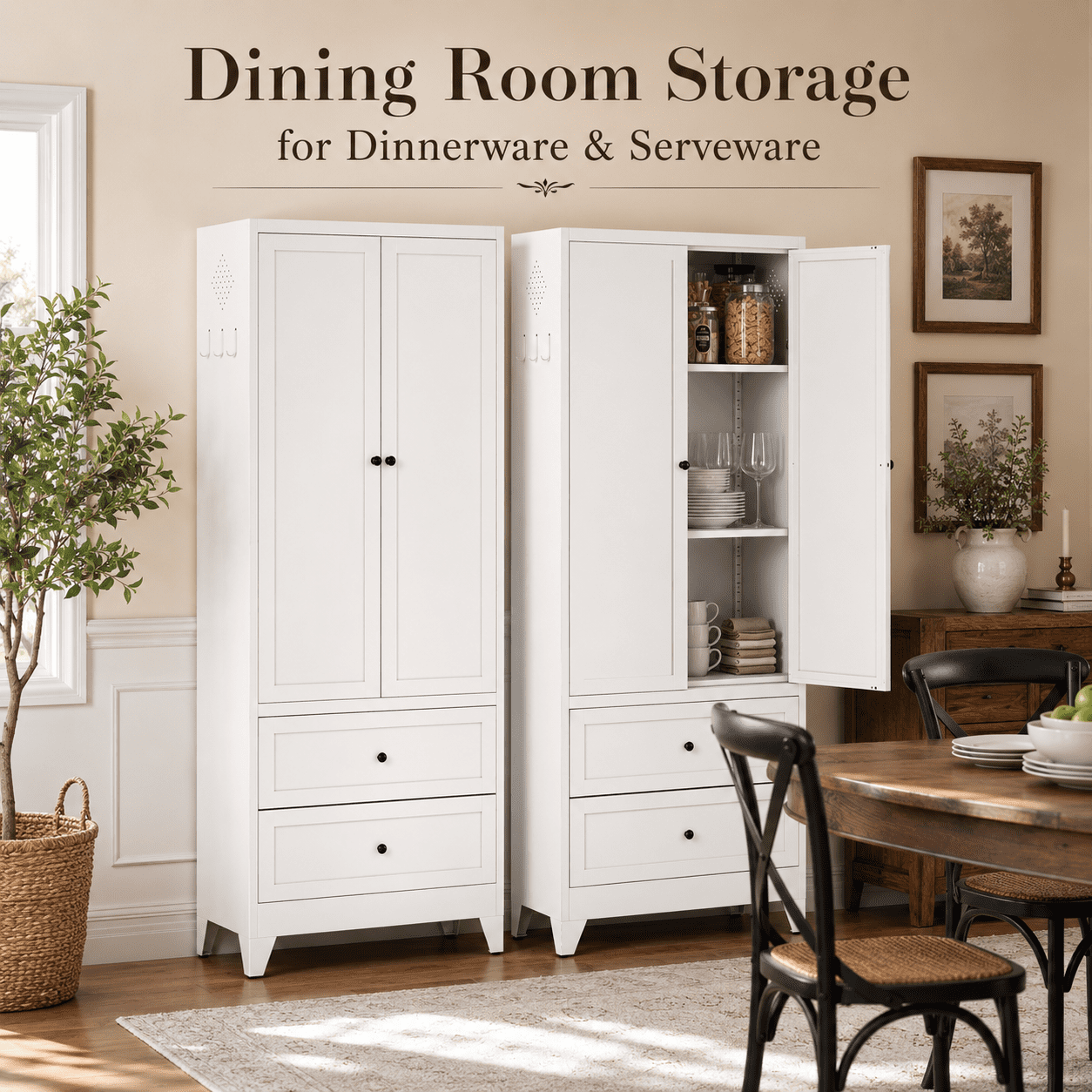 IKIMI 72" White Metal Pantry Cabinet with 2 Drawers and Adjustable Shelves, Tall Kitchen Storage Cabinet, Freestanding Cupboard for Dining Room, Bathroom, Laundry Room