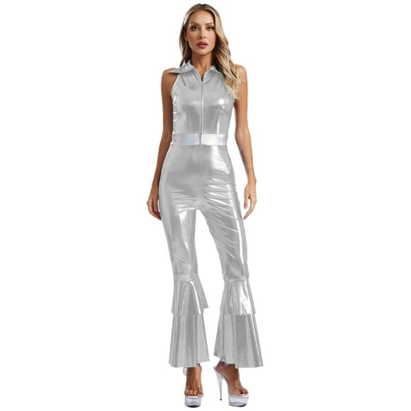 Ocealan Disco Costumes Fancy Dress for Women Shiny Metallic 70s Jumpsuit Lapel Sleeveless Hippie Romper Silver L