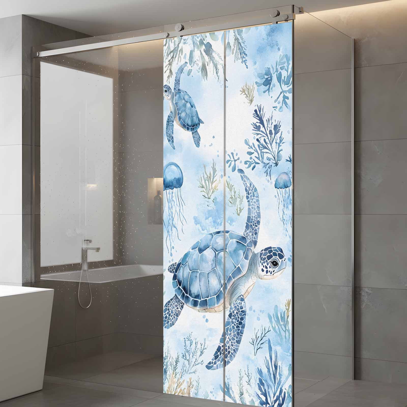 Blue Turtle Coastal Window Privacy Film, Coral Beach Nautical Ocean Static Cling UV Sun Blocking Heat Control Window Tint Day and Night, Non-Adhesive One Way Windows Privacy Cover 23.6''x59''