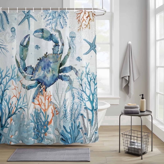 Bedliving Shower Curtain for Bathroom with 12 Hooks, Blue Crab Coastal Waterproof Fabric, 72" x 72"