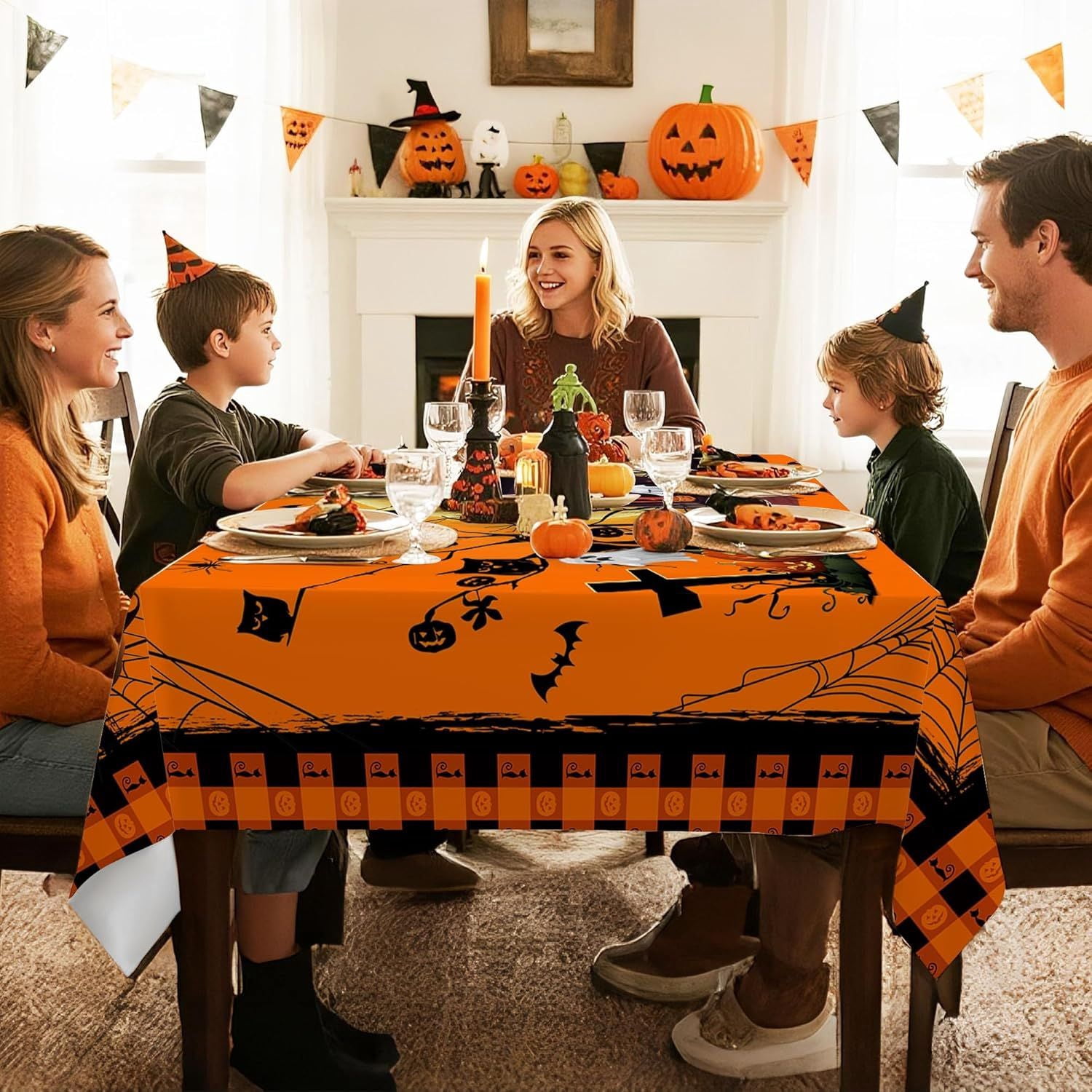 Halloween Tablecloth with Pumpkin Castle Ghost Design for Dining Table