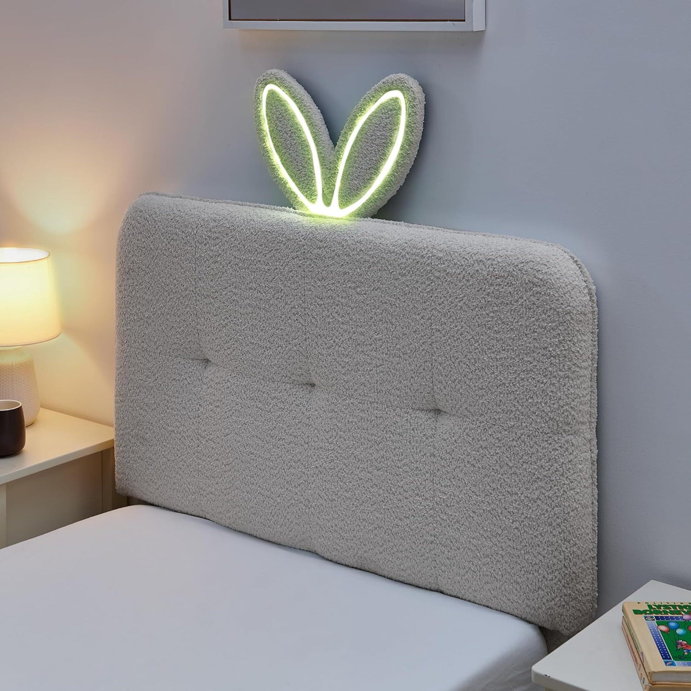 Aisword Twin Upholstered Bed Frame with 4 Storage Drawers & Rabbit Ear LED Headboard, No Box Spring Needed, Wooden Slats Support, Beige