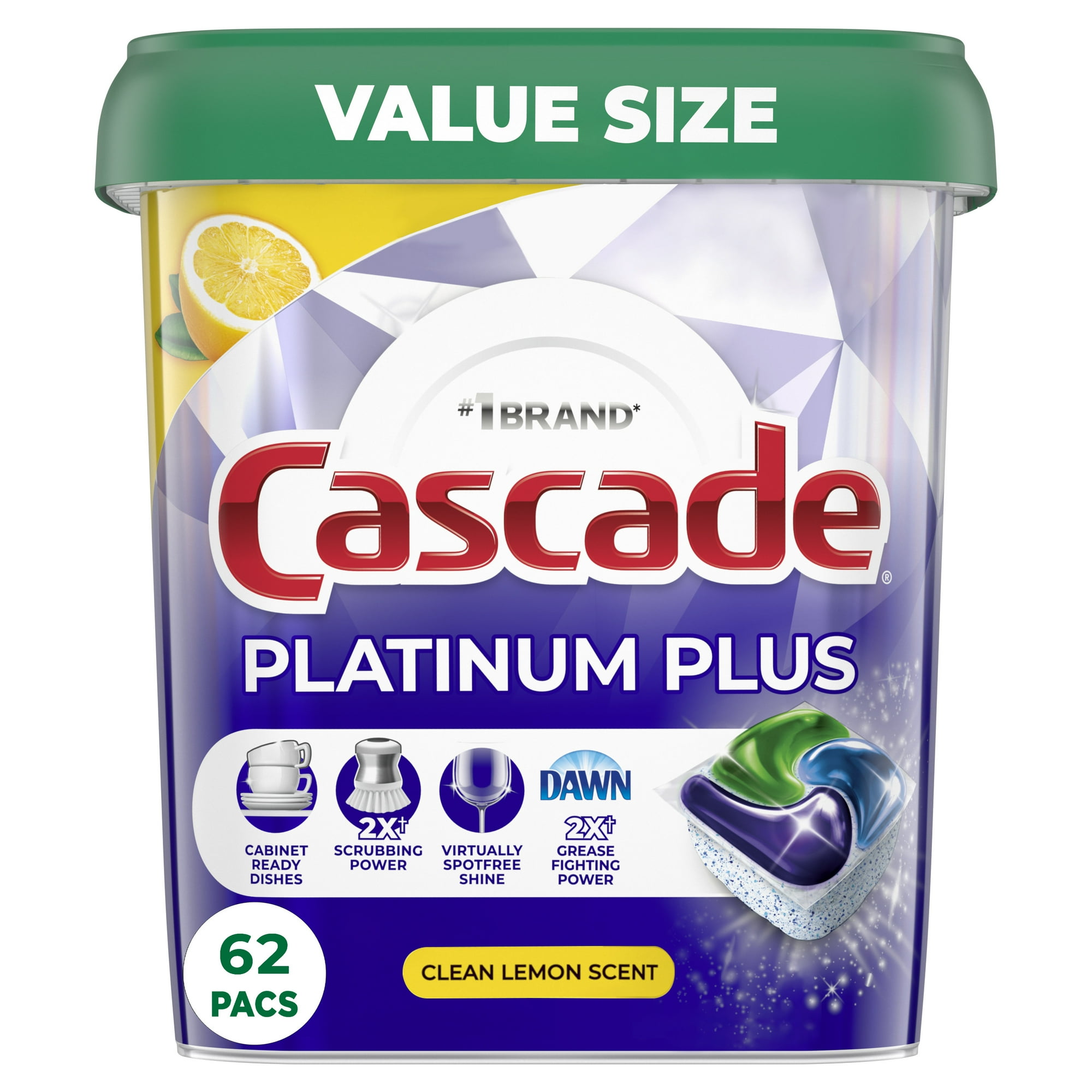 Cascade Platinum Plus Dishwasher Pods, Action Pacs Dishwasher Detergent Tabs, Lemon, 62 Count