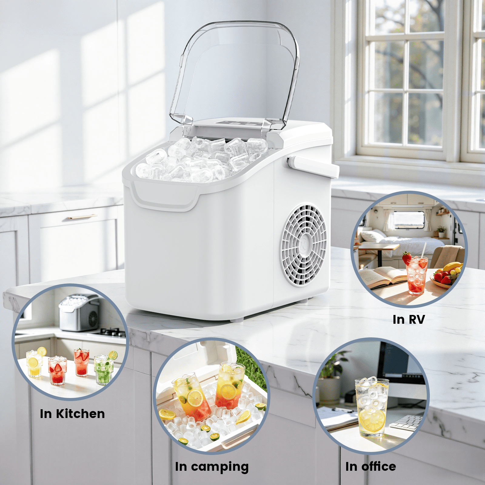 KNDKO Countertop Ice Maker Ice Machine With Handle,Self-Cleaning Ice Makers, 26Lbs/24H, 8 Ice Cubes Ready In 6 Mins For Home/Kitchen/Bar/Party/Camping
