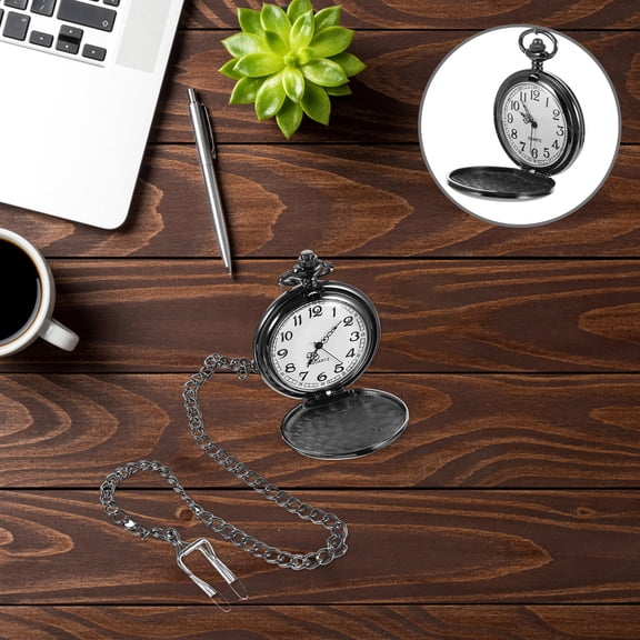 STOBOK Unisex Vintage Hanging Pocket Watch with Chain and Engraved Dark Brown Case