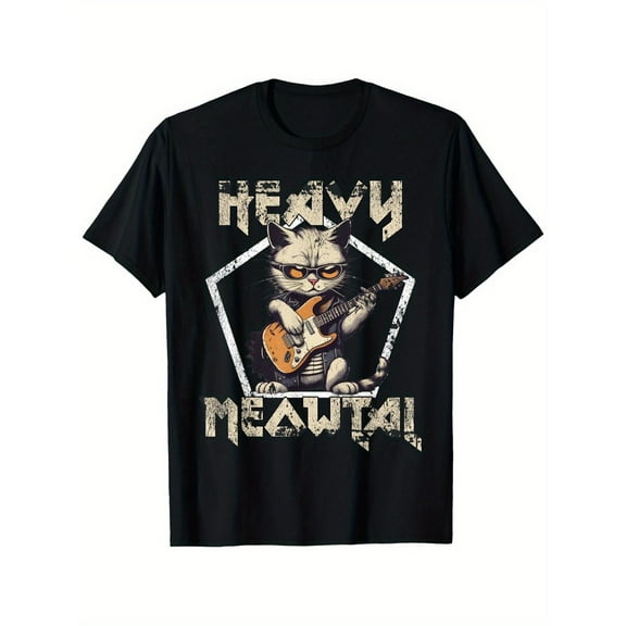 Funny Cartoon Graphic Tee,Tops Has Guitar-Playing Cat Graphic ,Casual Round Neck Regular Fit Tee, Size(S-5XL)