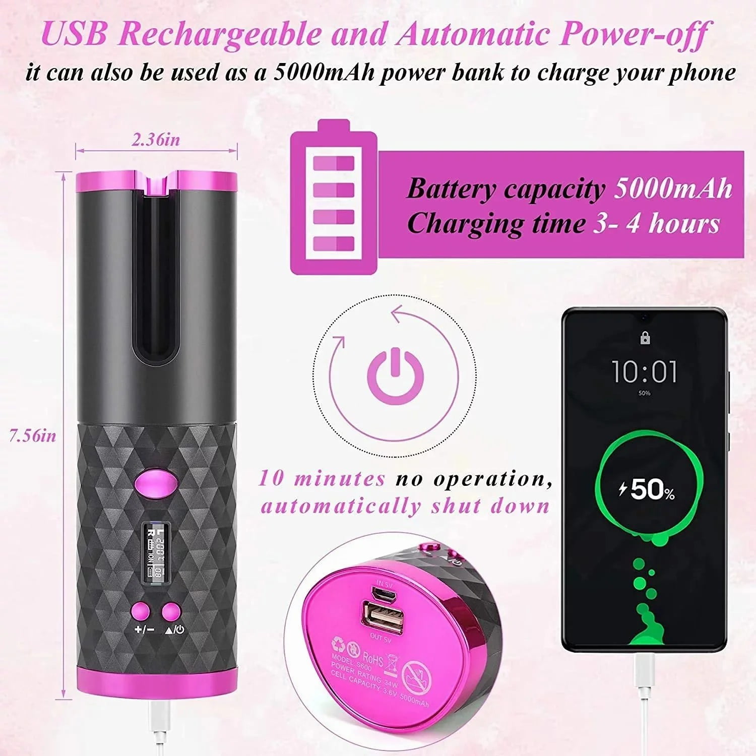 Portable Automatic Hair Curler, Ceramic Rotating Wireless Auto Curling Iron Wand, Emlimny Portable USB Rechargeable Spin Curler for Hair Styling (Black)