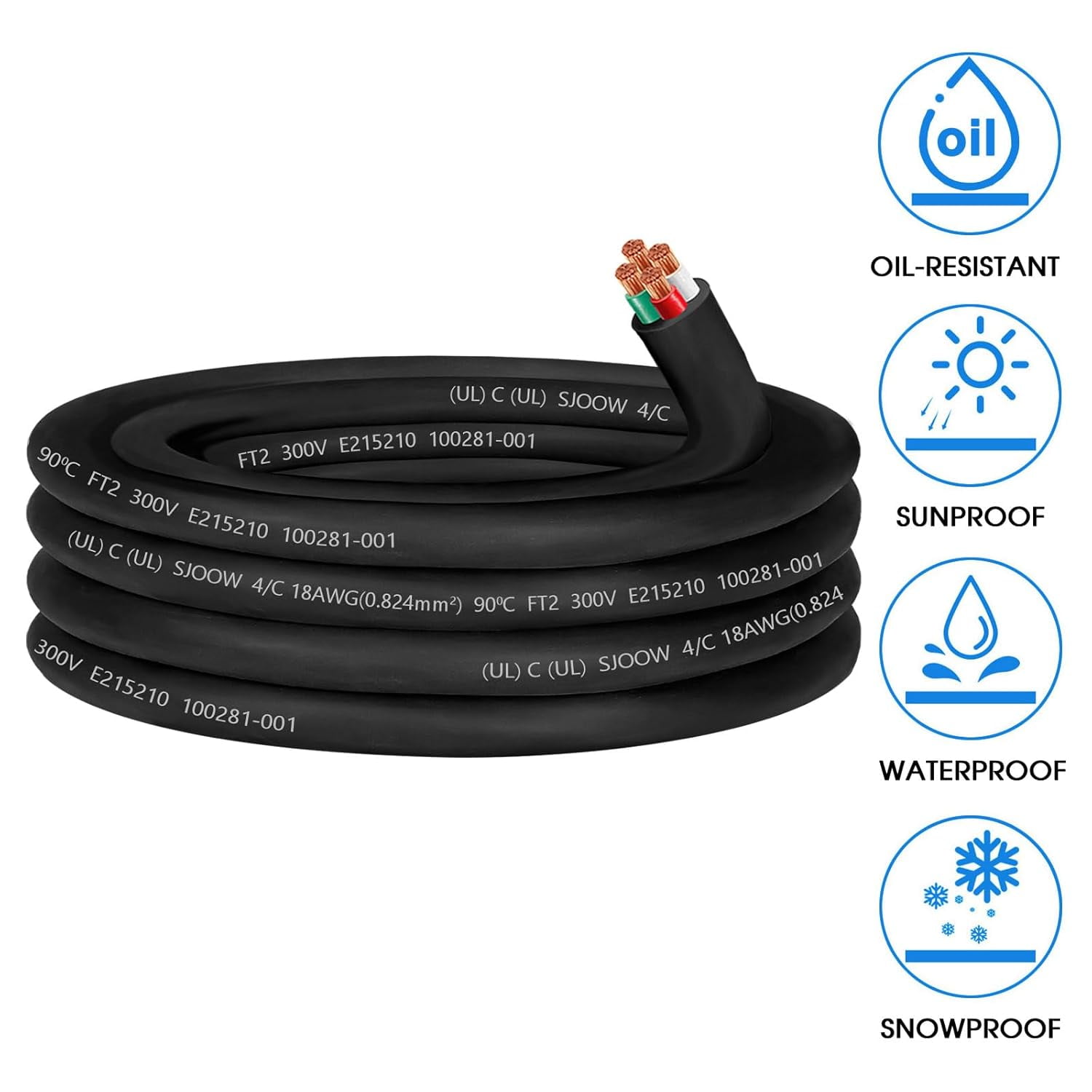 18/4 18 AWG SJOOW Portable Power Cable,18 Gauge 300V 4 Conductor SJOOW Cable Cord Electrical Wire for Mini Split Air Conditioner HVAC/Heat Pump/Speaker Systems/Light/Trailer,Indoor Outdoor-25FT