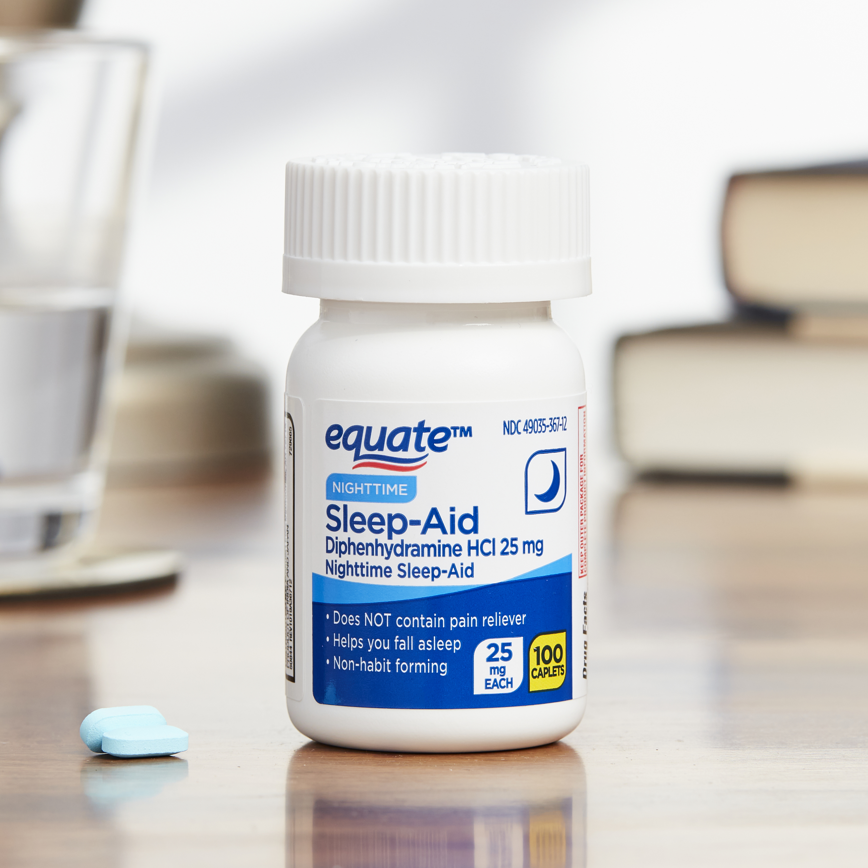 (Paquete de 2) Tabletas Equate Nighttime Sleep-Aid con difenhidramina HCl 25 mg, 100 unidades, comparables al ingrediente activo de Simply Sleep® 3