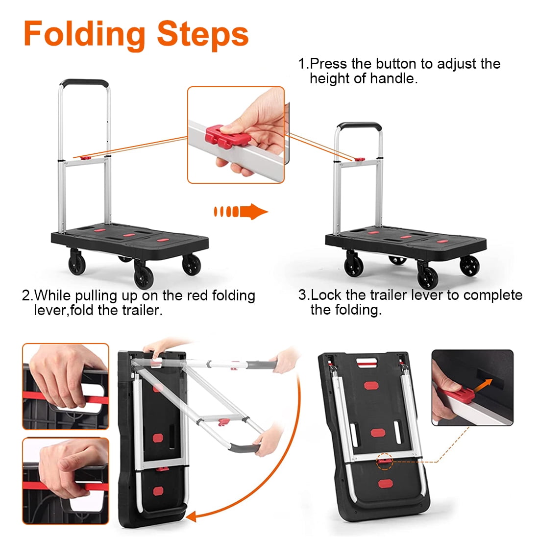 Folding Hand Truck 330 Lbs/150kg Heavy Duty Dolly Cart with 4 Wheels Portable Platform Truck Lightweight Foldable Utility Luggage Push Cart with Adjustable Handle for Auto, Luggage, Travel, Shopping