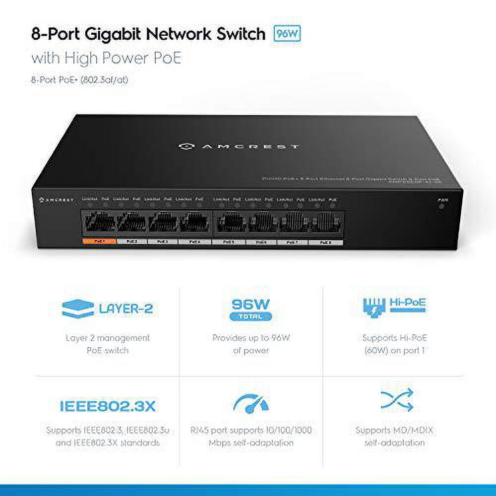 Amcrest 8-Port POE+ Power Over Ethernet POE Switch with Metal Housing, 8-Ports POE+ 802.3af/at 96w (AGPS8E8P-AT-96)