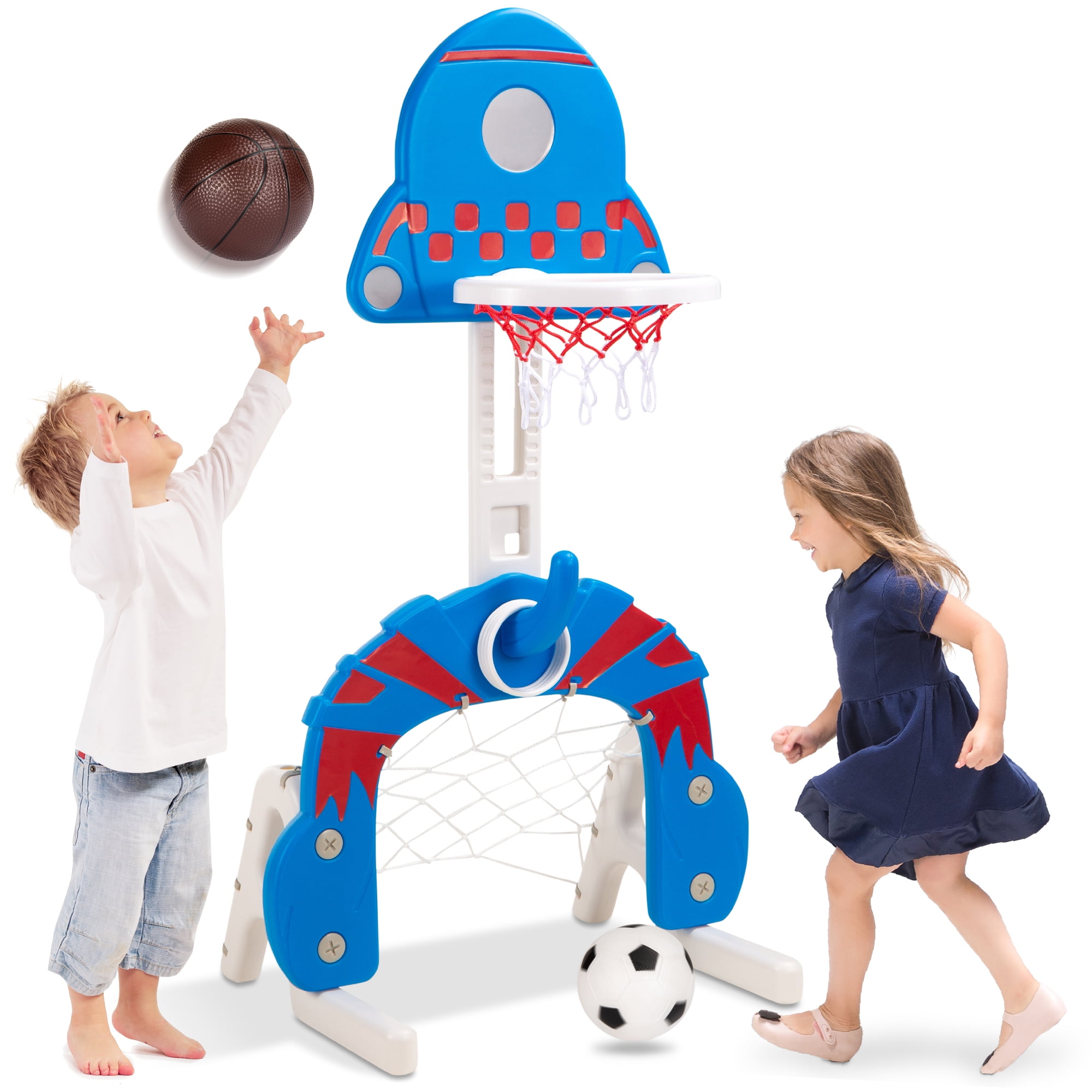 MOPAI with Music 3 In 1 Adjustable Basketball Hoop Stand With Basketball/Ring Toss/Soccer Basketball for 3-6 Years Old and up Toddler Baby Sports 