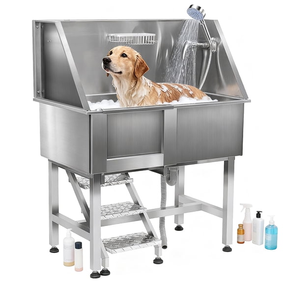 38In Dog Washing Station, Stainless Steel Pet Grooming Tub with Faucet, Showerhead,its Small Cats and Dogs, Non-Slip Stairs