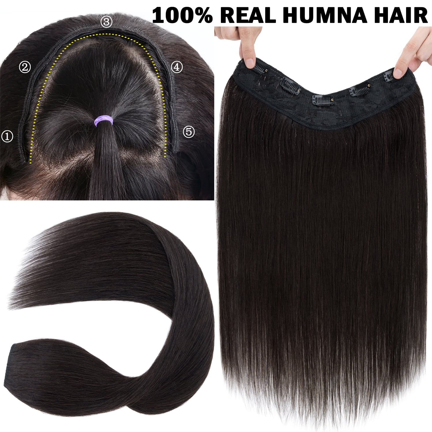 Benehair New V-Shaped Clip In Hair Extensions One Piece 100% Remy Real Human Hair Weft U Shaped 3/4 Full Head Straight Hair Balck for Women