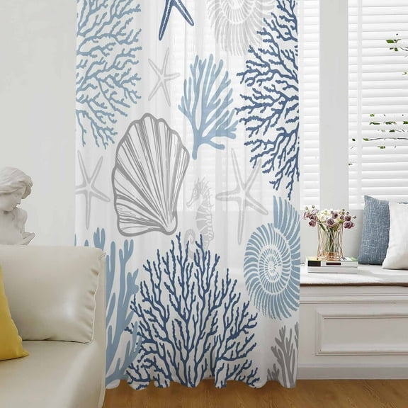 Blue Grey Coastal Semi Sheer Curtains Drapes for Living Room, Bedroom, French Doors Window 54 Inches Long, Summer Beach Coral Shell Starfish Rod Pocket Chiffon Curtain Drapery Voile Draperies Panel