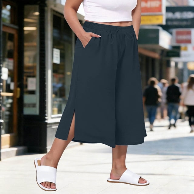 LVHAOGJOB Womens Summer Shorts Elastic Waist Linen Plus Size Solid Color with Pockets Navy Shorts Pants for Ladies