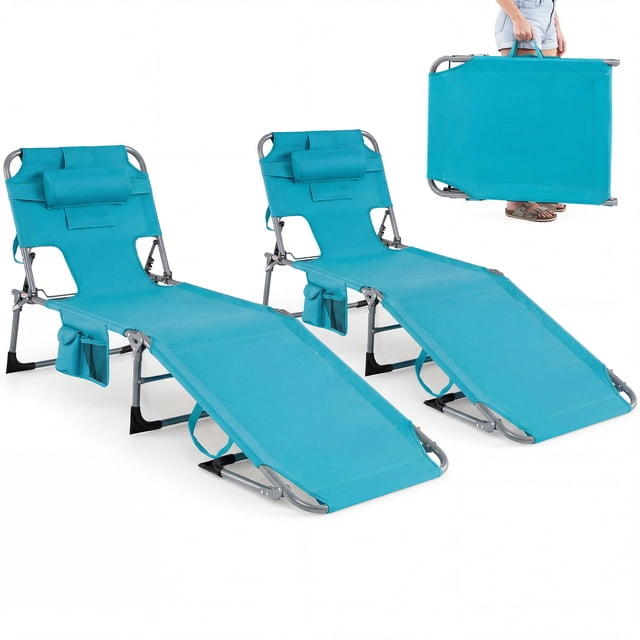 Gymax Set of 2 Beach Chaise Lounge Chair Folding Reclining Chair w/ Facing Hole Turquoise