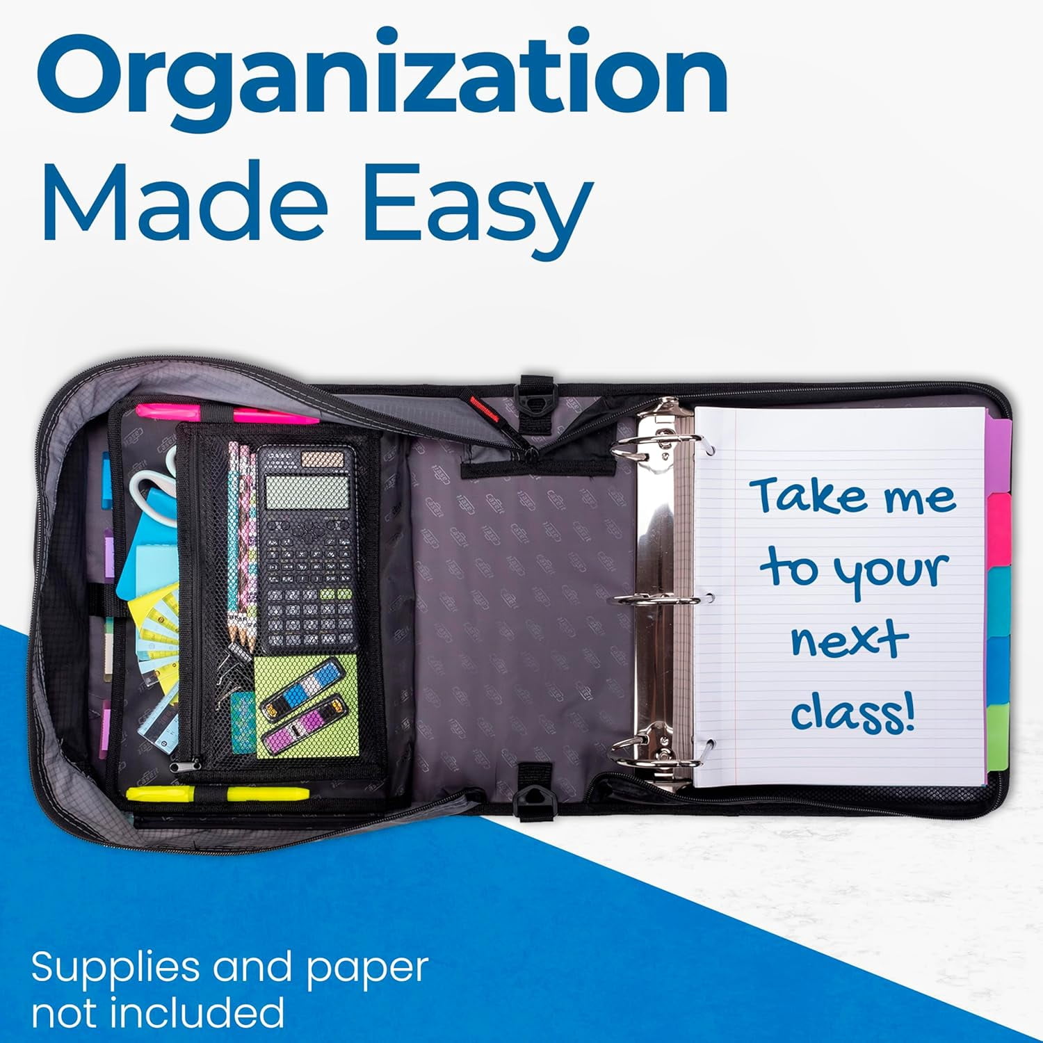 Case-it The King Sized Zip Tab Zipper Binder - 4 Inch D-Rings - 5 Subject File Folder - Multiple Pockets - 800 Sheet Capacity - Comes with Shoulder Strap - Jet Black D-186