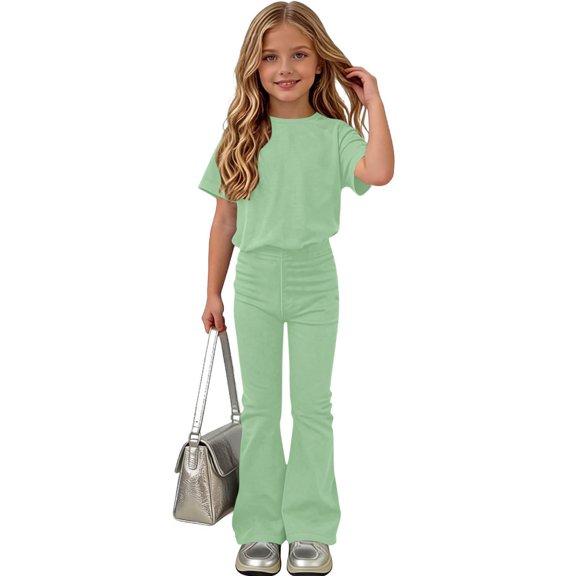 Teen Girls Solid Color Clothes 2 Piece Outfit Classic Short Sleeve Tee Basic Top Bell Bottom Pants Set Casual Flare Trouser Sweatsuit Activewear Suit