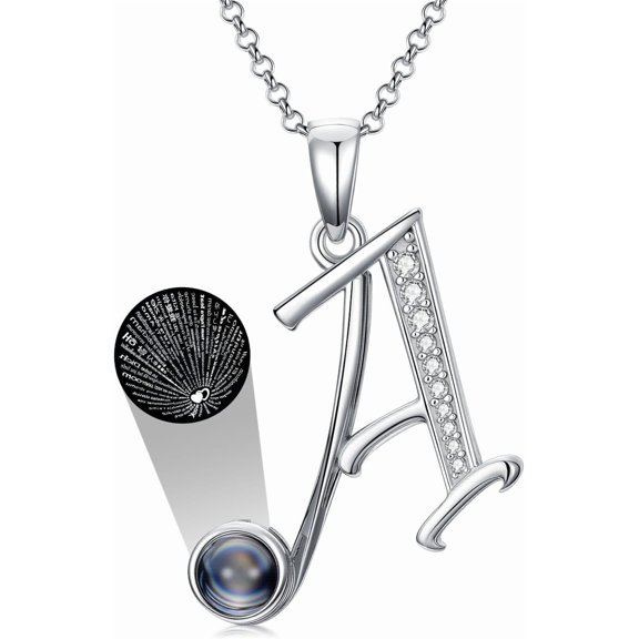 CACA LADY I Love You Necklace 100 Languages Projection Necklace 925 Sterling Silver Letter A Initial Pendant Necklace Name Jewelry Gifts for Women Christmas Birthday Valentines