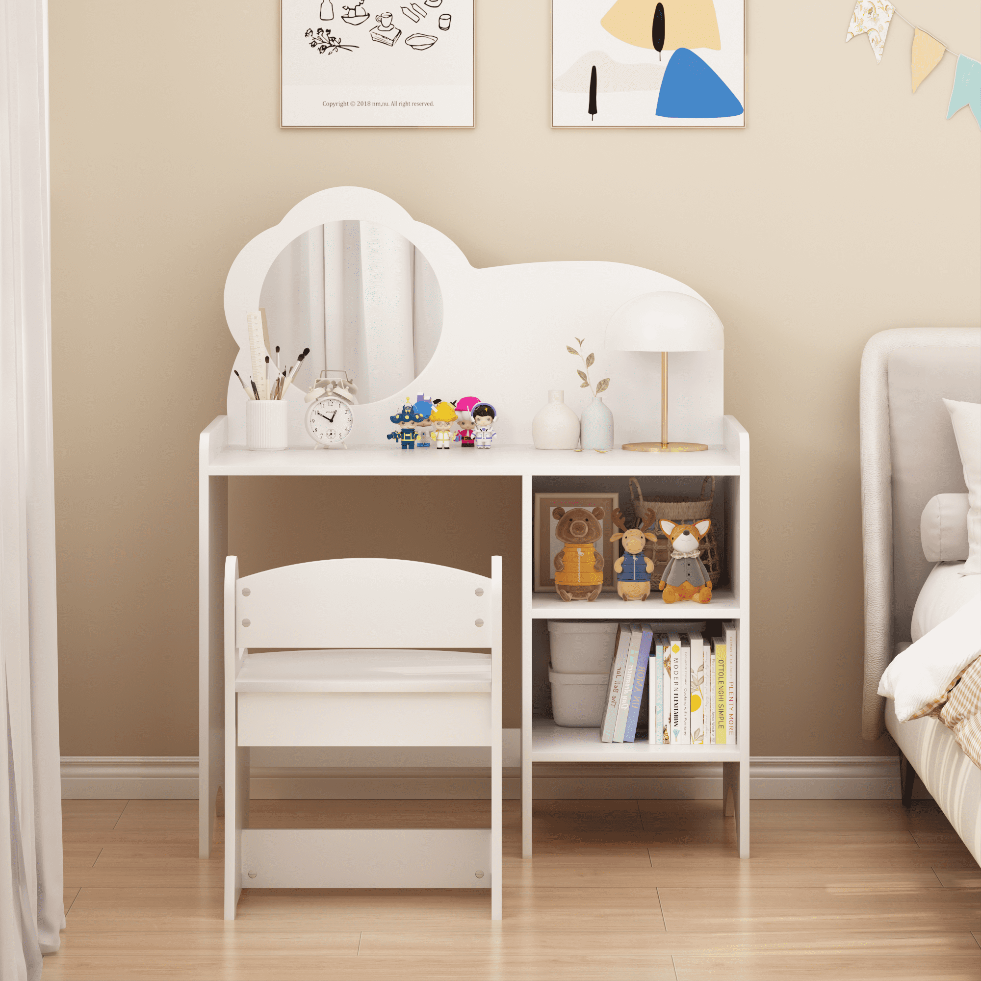 Kids Vanity Table with Mirror and Chair, Wooden Children's Dressing Makeup Desk with Storage Shelves, Study and Activity Table for Girls and Boys, Playroom Bedroom Furniture - White