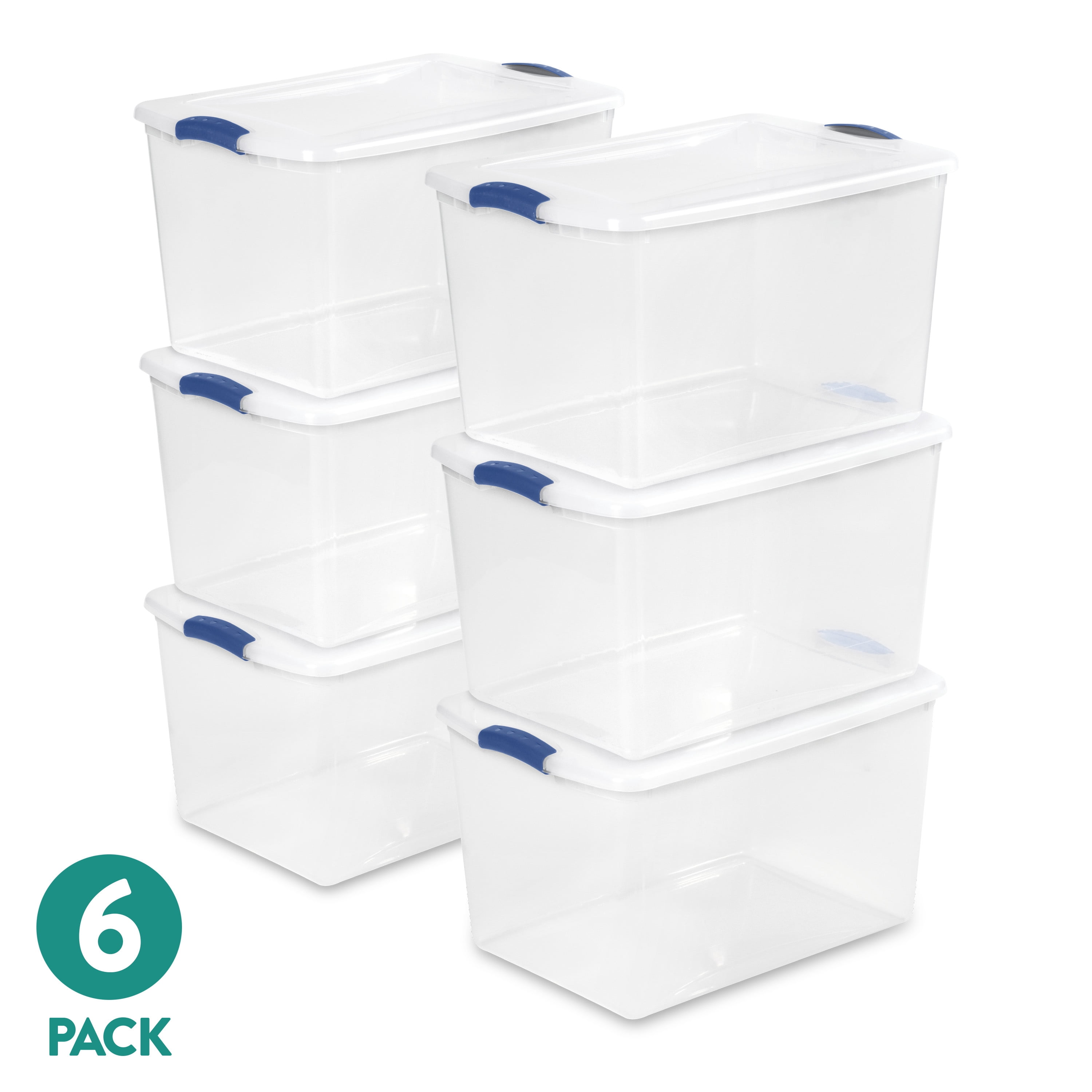(4 pack) Sterilite Large Latching Storage Bin, 66 Quart Clear Plastic Storage Container with Latch Lid, Blue, 6 Pack
