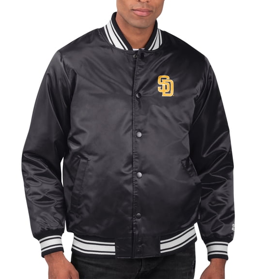 Men's Starter Black San Diego Padres Printed Team Logo Satin Varsity Full-Snap Jacket