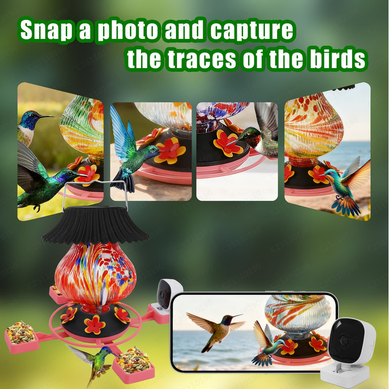 Hummingbird Feeder with Camera Solar Powered 1080P-, Automatically Identifies Species of Bird, Auto Recording, Leak-Proof Ant & Bee Proof Outdoor Hanging Feeder, for Bird Lovers