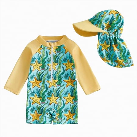 Ymyiu Baby Swimsuit Boy Baby Boy Swimsuit Infant One Piece Rash Guard Bathing Suit Long Sleeve Zipper Toddler Summer Beach Swimwear 0-3 Months (Gold 0-3 Months)