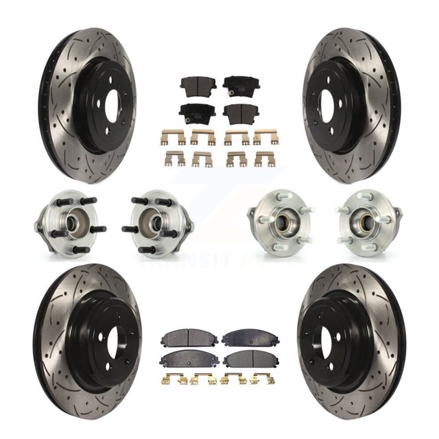 Transit Auto Front Rear Hub Bearing Assembly Coated Disc Brake Rotor and Ceramic Pad Kit (10Pc) for Car 2007-2008 Dodge Charger AWD with 5.7L with Police Package Left Right Driver Passenger KBB-111191