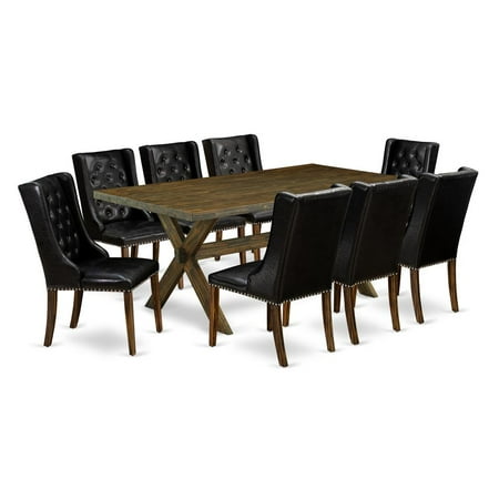 East West Furniture X777FO749-9 9-Piece Dinette Set – 8 Black Pu Leather Padded Chair Button Tufted with Nail heads and Rectangular Table – Distressed Jacobean Finish East West Furniture X777FO749-9 9-Piece Dinette Set – 8 Black Pu Leather Padded Chair Button Tufted with Nail heads and Rectangular Table – Distressed Jacobean Finish