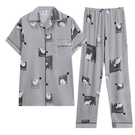 

PIKADINGNIS Cotton Mens Pajamas Set Summer Autumn Elastic Waist Men Sleepwear Short Sleeve Nightwear Print Long Pant Home Mens Pyjamas
