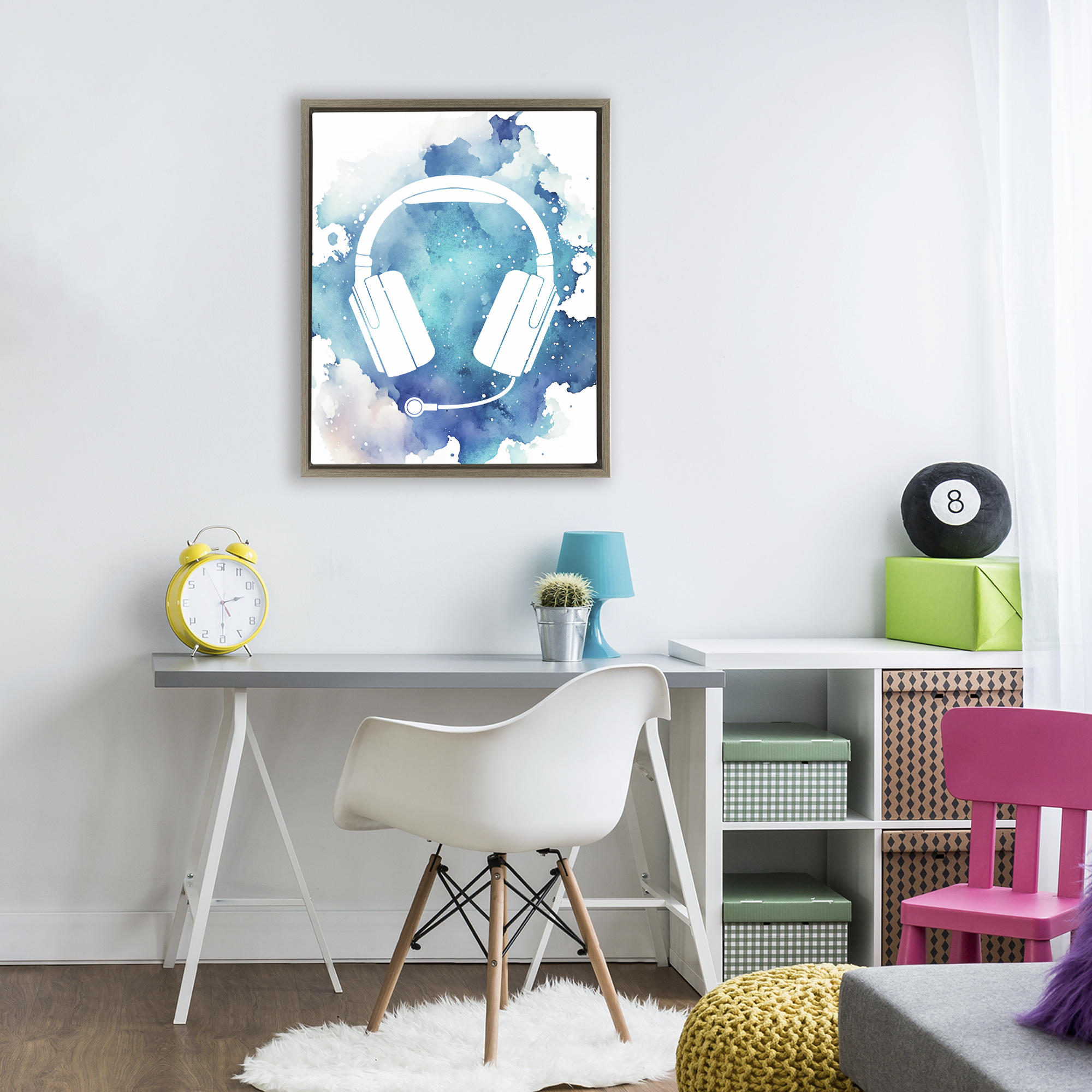 Blue Headphone Splatter Brown Framed Floater Canvas Wall Art, design by Marcus Prime