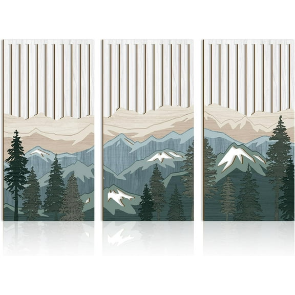 Large Mountain Wood Wall Art 16x32 Inch Abstract Mountain Landscape Wall Decor Green Nature Scenery Artwork for Bedroom Living room Office Set of 3