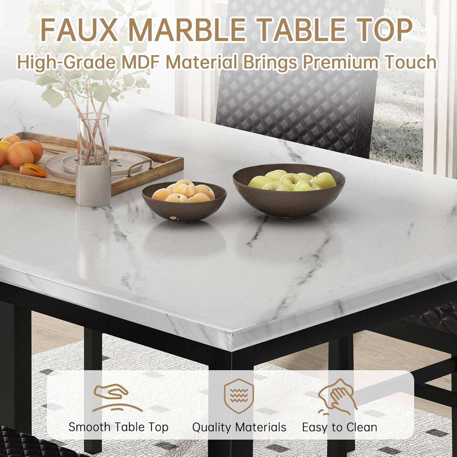 Baxluxe Dining Table Set for 4, Modern 5 Piece Dining Table Set, Faux Marble Kitchen Table and 4 Velvet Upholstered Chairs for Apartments, Dining Rooms, Small Spaces, White/Black