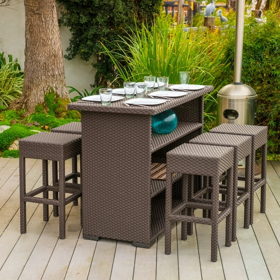 Deirdre Outdoor 7 piece Wicker Bar Set, Brown