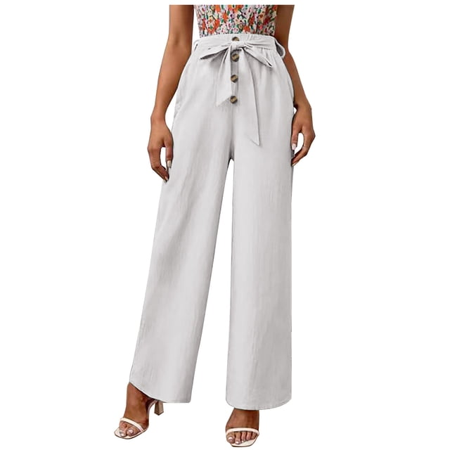 Pantalones largos de mujer de moda de verano de algodón sólido de lino botón Casual pantalones largos de cintura elástica Odeerbi ODB-2