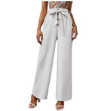 

Dadaria White Wide Leg Linen Pants for Women Solid Cotton Linen Button Elastic Waist Long Pants White XL Female